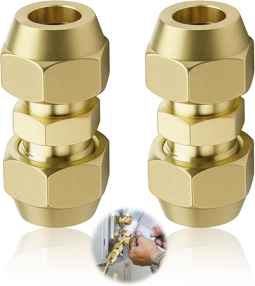 2 klimaatbeheersingsaansluitingen 3/8", diameter van koperen buis 9,52 mm, dubbele fitting voor koperen buizen, koperen buisverlengstuk dubbele voeg, voor airconditioning - zonder lassen