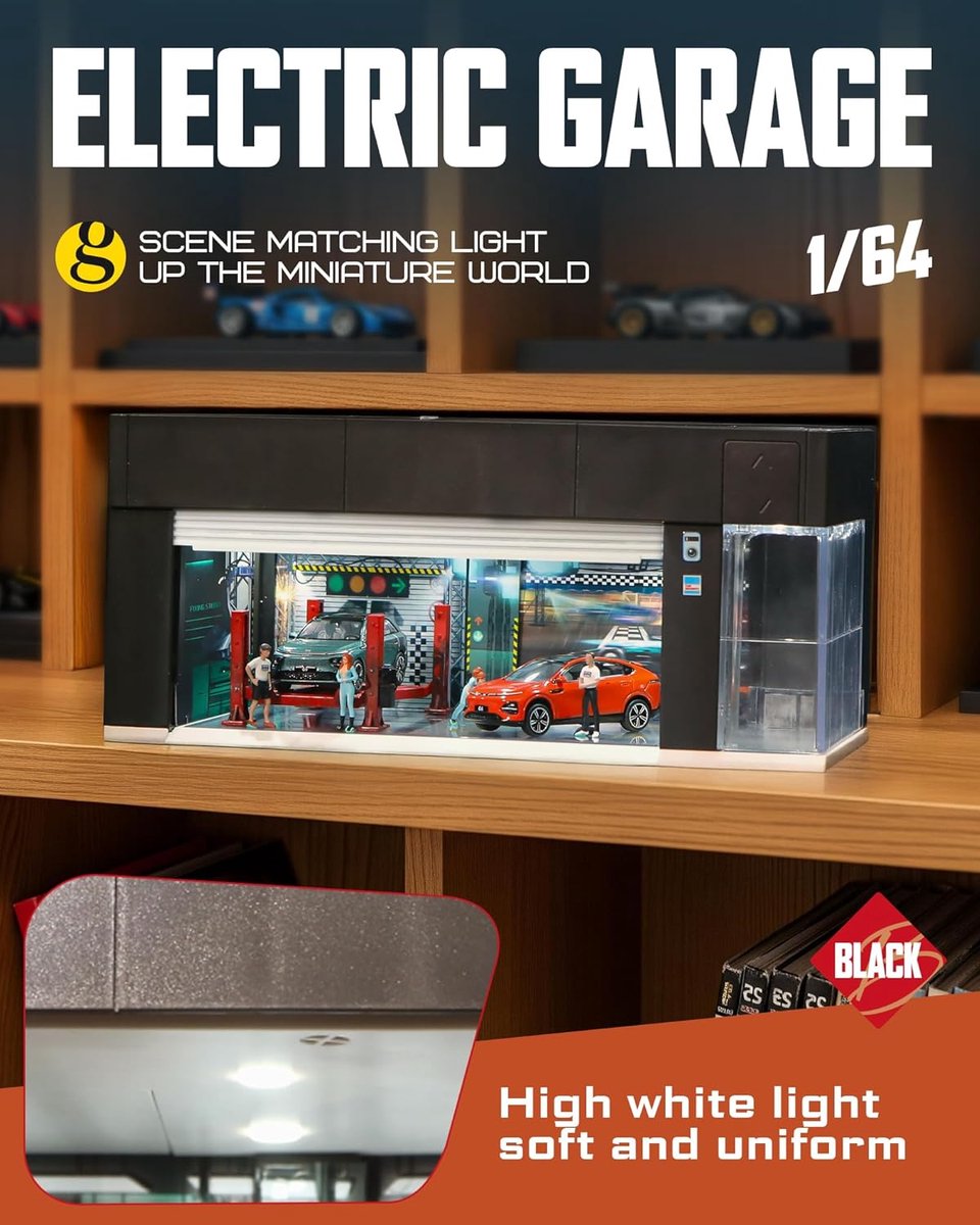 1/64 Diecast Display Case voor Hot Wheel Opslag met LED-verlichting, Stapelbare Elektrische Garage met Spraakbediening, 3 Vervangbare 3D-scènes Parkeerplaats Diorama voor Modelauto's