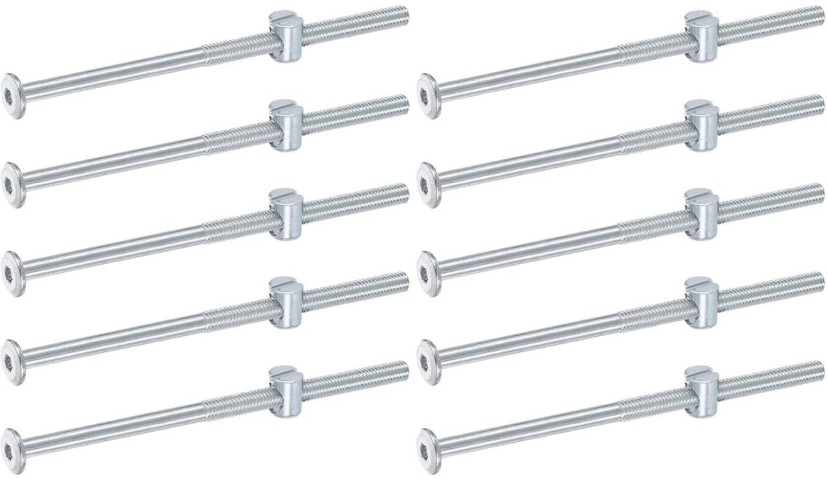 10 stuks bedframeschroeven, M6 x 120 mm, binnenzeskantschroeven, bevestigingsmoeren, stapelbedschroeven, meubelschroeven met sleufkop-fitting, voor stoelen, kinderbedden, zilver