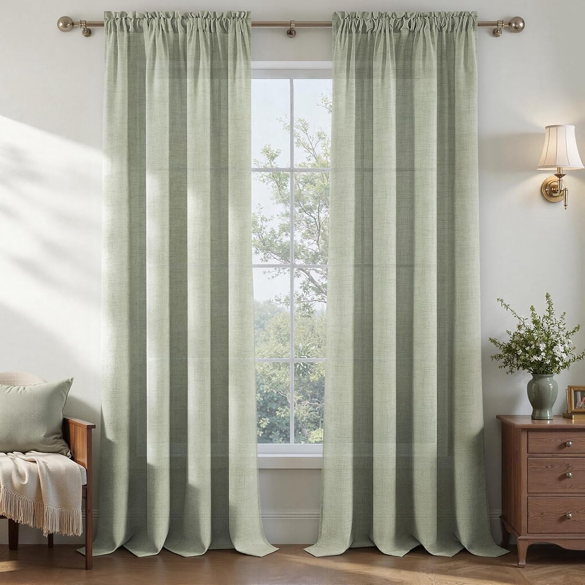 Linnen gordijnen, saliegroen met stangdoorgang, linnenlook, gordijn, semi-transparant, set van 2, 245 cm lang, 140 cm breed, moderne gordijnen voor woonkamer, slaapkamer, binnendecoratie, raam