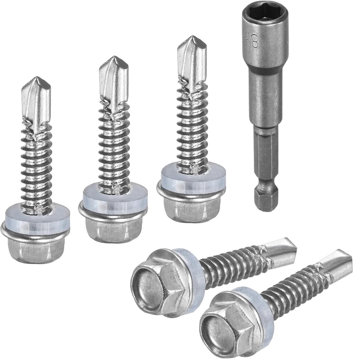 METERXITY 50 stuks plaatschroeven voor metaal, #12 x 1 inch 410 roestvrij staal zeskantkop met sluitring, plaatschroeven met dopdoppunt