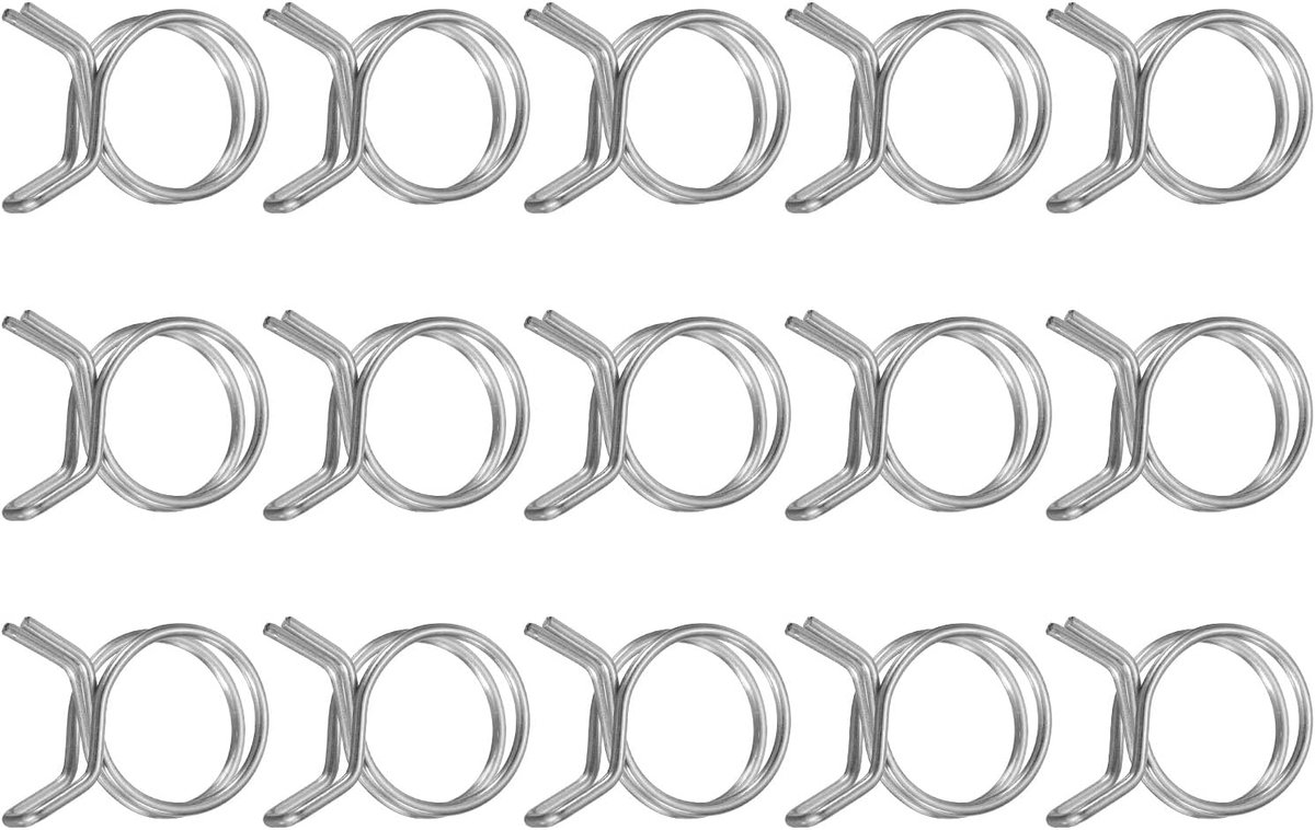 15 stuks 18 mm binnendiameter dubbele draad-veerbandklem, roestvrij staal, verstelbare veerclips voor slang, brandstofleiding, siliconen slang, waterbuis, luchtbuis