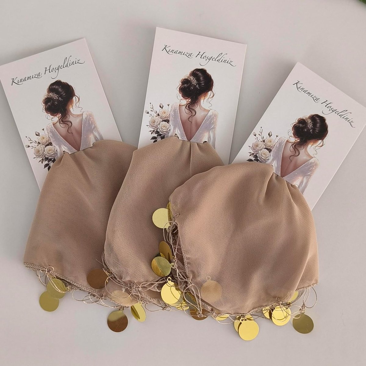 10x Kina Hatirasi Set Elegante Henna Nacht Herinneringskaart Mendili Dansdoeken Dügün Bruiloft Verloving (Beige)