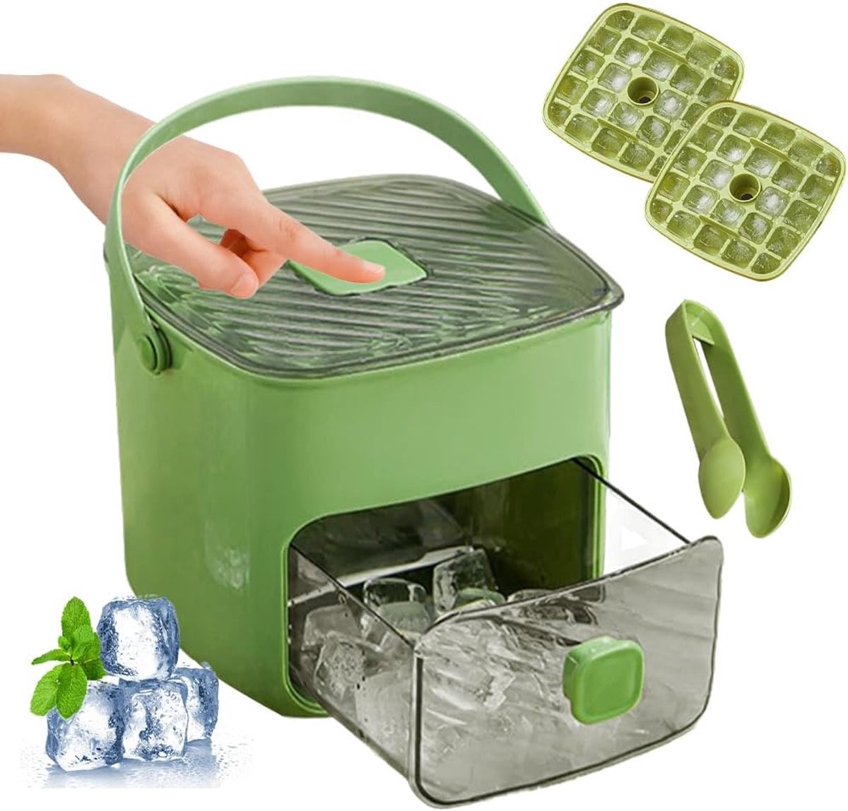 IJsblokjesmachine met knijpdeksel en opbergdoos 48 herbruikbare roosters ijsblokjesvorm met lade ijsblokjesvorm voor cocktails koffie sap keuken picknick (groen)