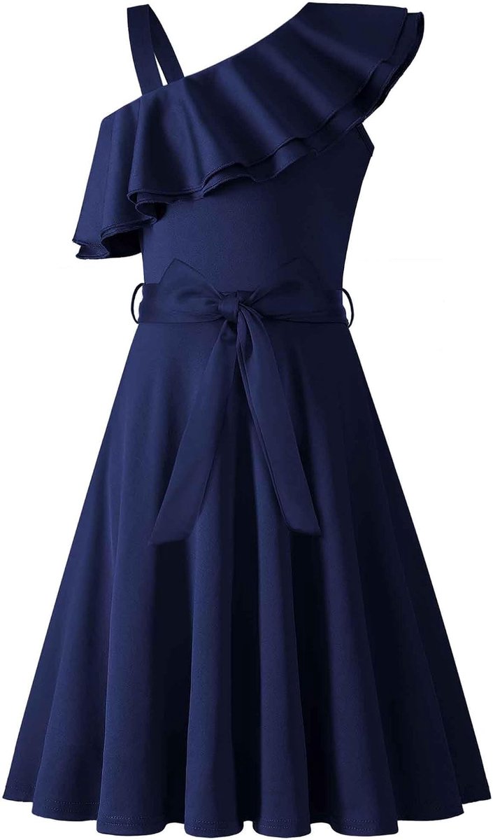 Meisjesjurken, één schouder, kinderjurk, zomer, feestelijke jurk, ruches, elegante partyjurk, swingjurk met riem, mouwloze jurk voor meisjes van 5-13 jaar