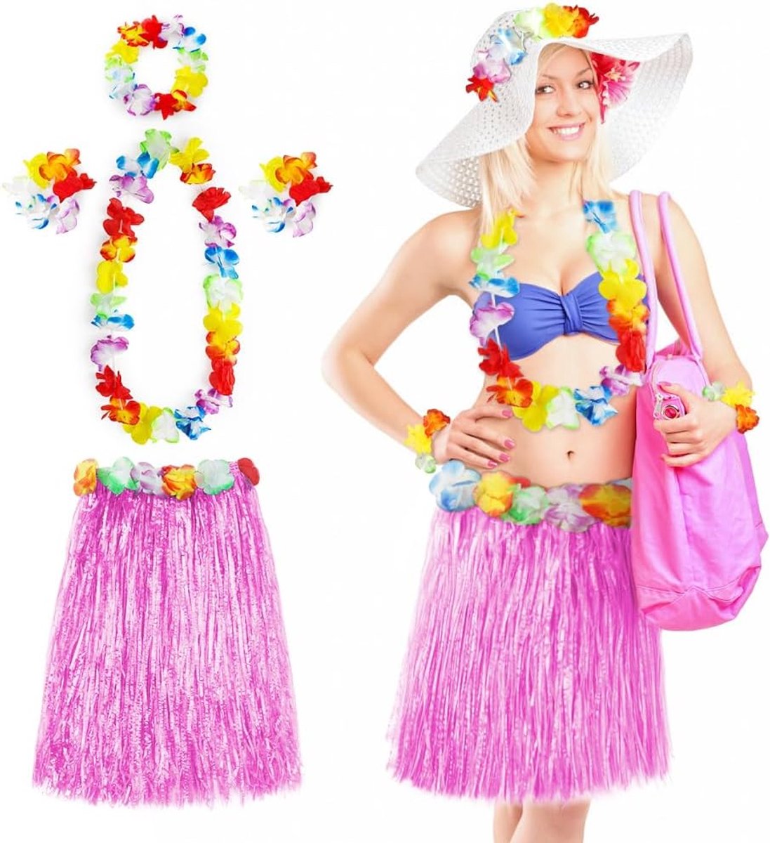 Hawaiiaanse grasrokset, 5-delige Hawaiiaanse slingers, tropische verkleedkleding Hawaiiaanse hoofdband ketting polsbandje bloem, 40/60 CM Hawaiiaanse Leis-set voor kinderen, volwassenen, dames