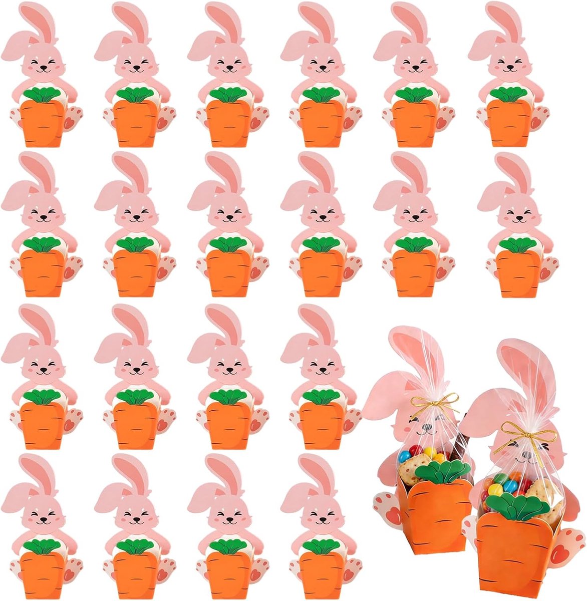 20 stuks paasgeschenkdozen met paashaas en worteldesign, creatieve mini-cadeauzakjes om te vullen voor snoep, paaseieren en verrassingen, perfecte paascadeaus voor kinderen, volwassenen en