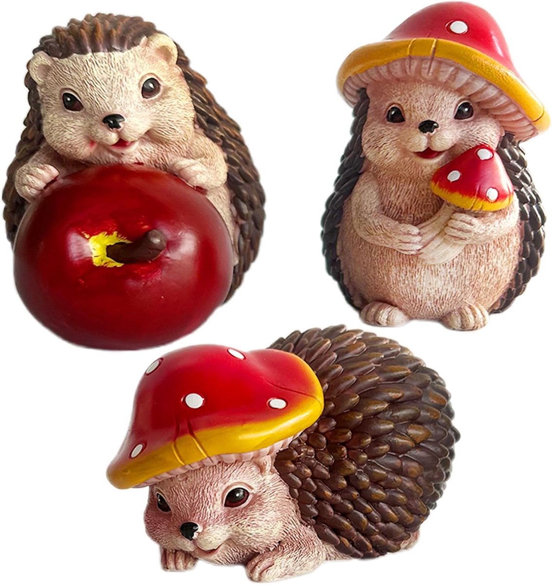Set van 3 egels van kunsthars met paddenstoelen, appels, tuindecoratie, herfstdecoratie, tuindecoratie voor buiten, egel, grappig decoratief figuur in