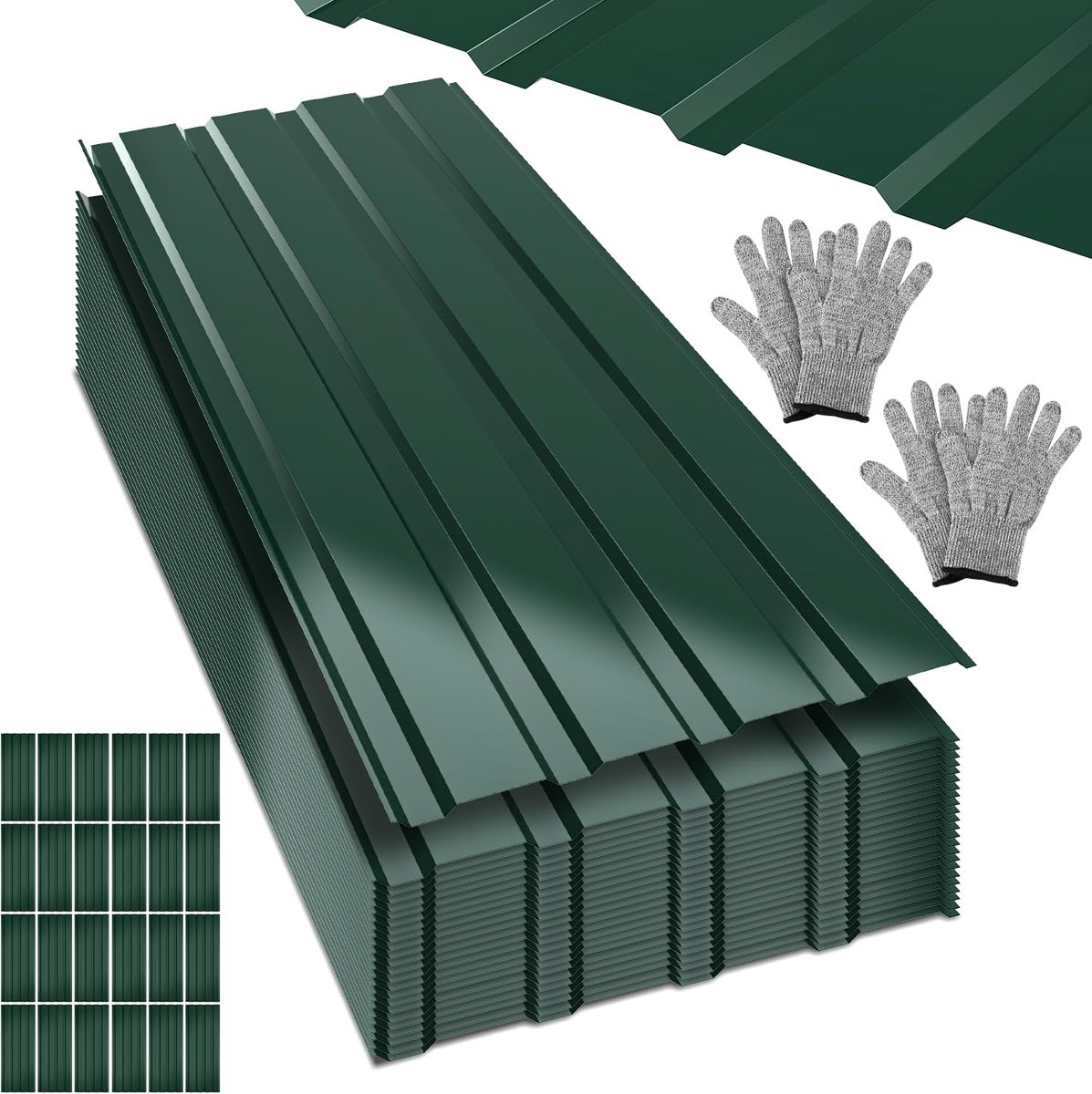 24 x profielplaat, trapeziumplaat, golfplaatplaten voor dak, 115 x 45 cm = 12 m², dakplaten, trapeziumplaat, metaal, staal, 0,3 mm, montagehandschoenen, voor carport, gereedschapsschuur, groen