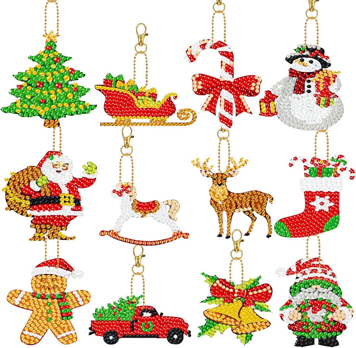 12 stuks diamantschilderij kerstset, 5D diamond painting sleutelhanger, hanger voor kinderen, doe-het-zelf diamantschilderij, dubbelzijdige sleutelhanger voor kerstbomen, decoratie