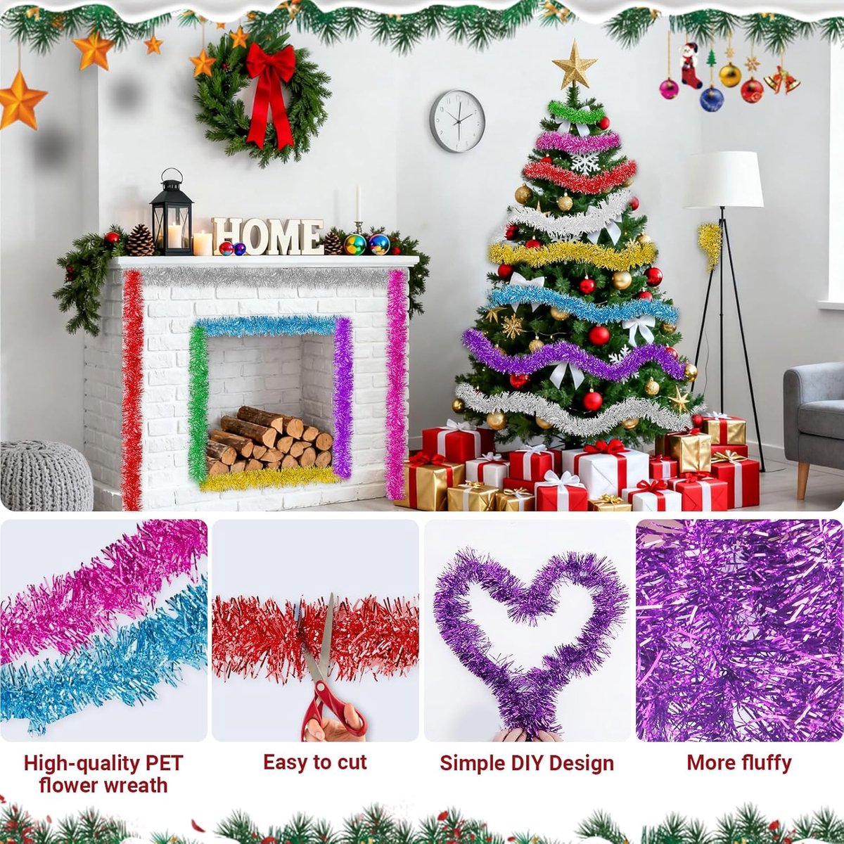 Kerstboom, 4 stuks × 2 m, kerstslinger, 8 m, kerstdecoratie, lametta-slinger in goud, blauw, groen, wit, kerstboomdecoratie voor binnen en buiten (zilveren klokken) – foto 2