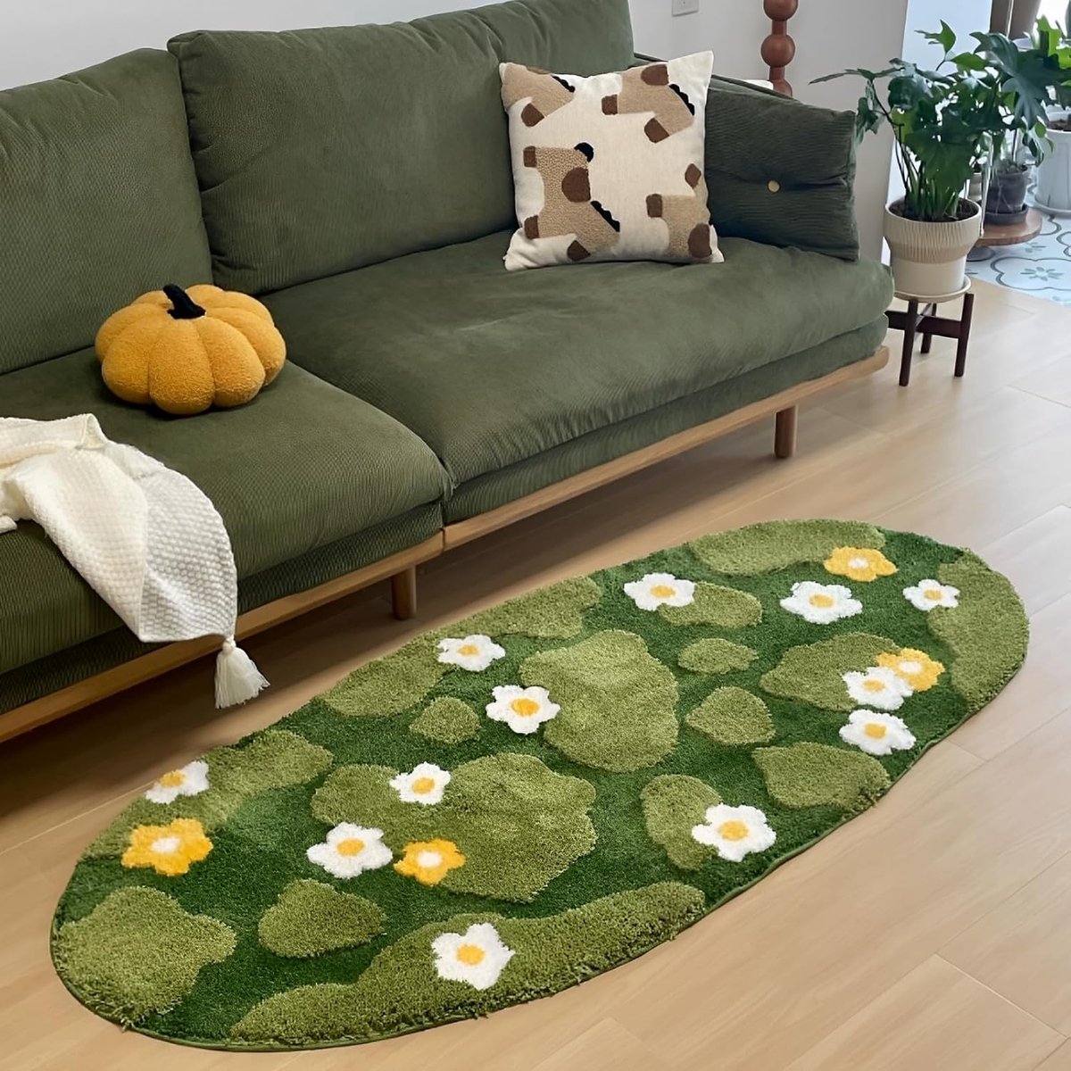 badkamermat, zacht en pluizig, machinewasbaar, groen, met rubberen achterkant, absorberende badmat voor toilet, keuken, entree, bedmat, voetmat, bloemen, 50 x 100 cm