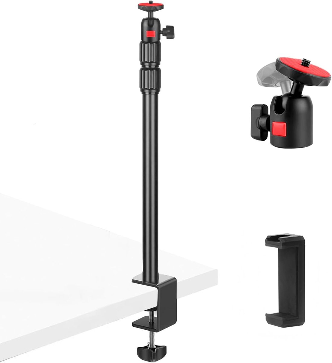 tafelklemmen, camerastatief, lichtstatief, multifunctioneel klemstatief met ringlichtadapter, 1/4 inch kogelkop en telefoonhouder voor camera/ringlicht/smartphone