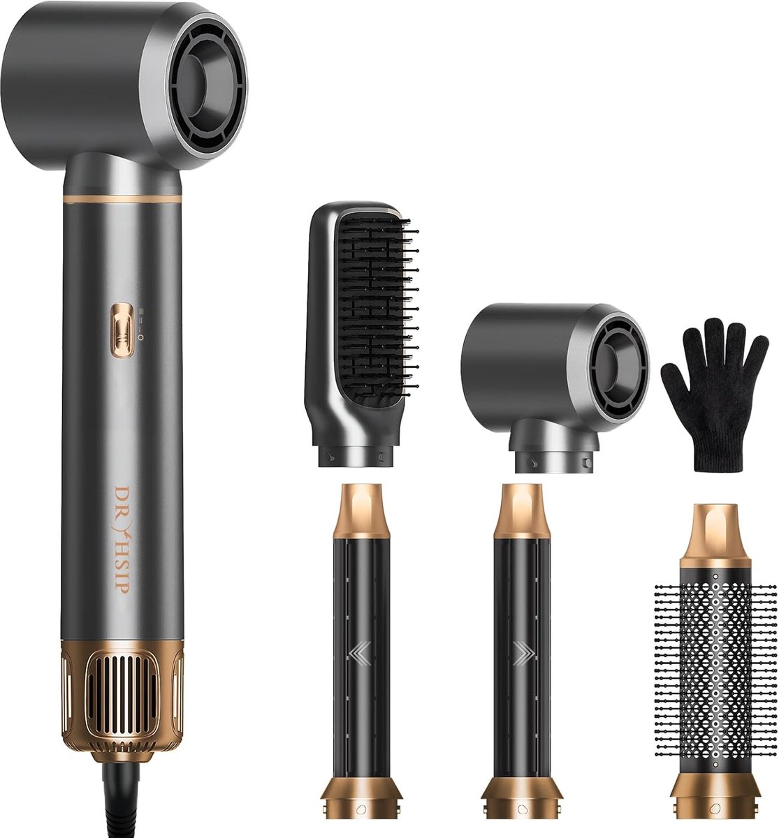 Föhnborstel 5-in-1 Multistyler met Krultang Opzetstukken - Volumeborstel Ionen Technologie Antraciet