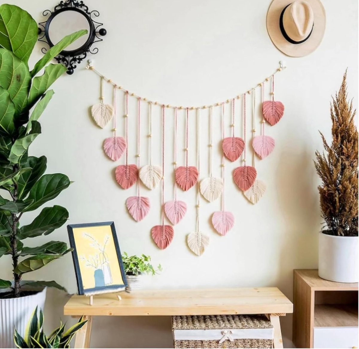 vicusse Macramé wandbehang, boho-decoratie, wanddecoratie, slaapkamer, esthetische kamer, wanddecoratie, macramé, slinger, handgemaakte woningdecoraties, 120 cm, 16 bladeren, roze