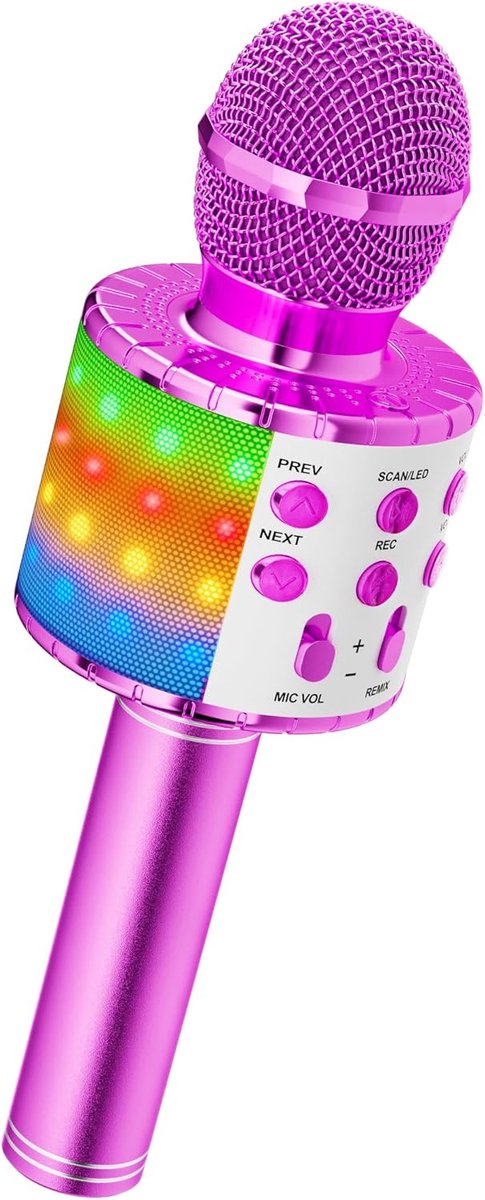 Draadloze karaoke-microfoon, Bluetooth 4-in-1, draagbaar, karaoke-speler met ledlampen, dans, voor feestjes, zingen, cadeau-idee voor kinderen Paars