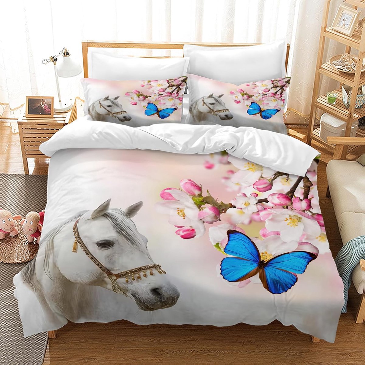 set 200 x 200 cm, kinderbeddengoed, paardenmotief 3D dierenmotief, microvezel, zeer zacht, kinderbeddengoed set met dekbedovertrek en kussensloop (Paard 7, 200 x 200 cm)