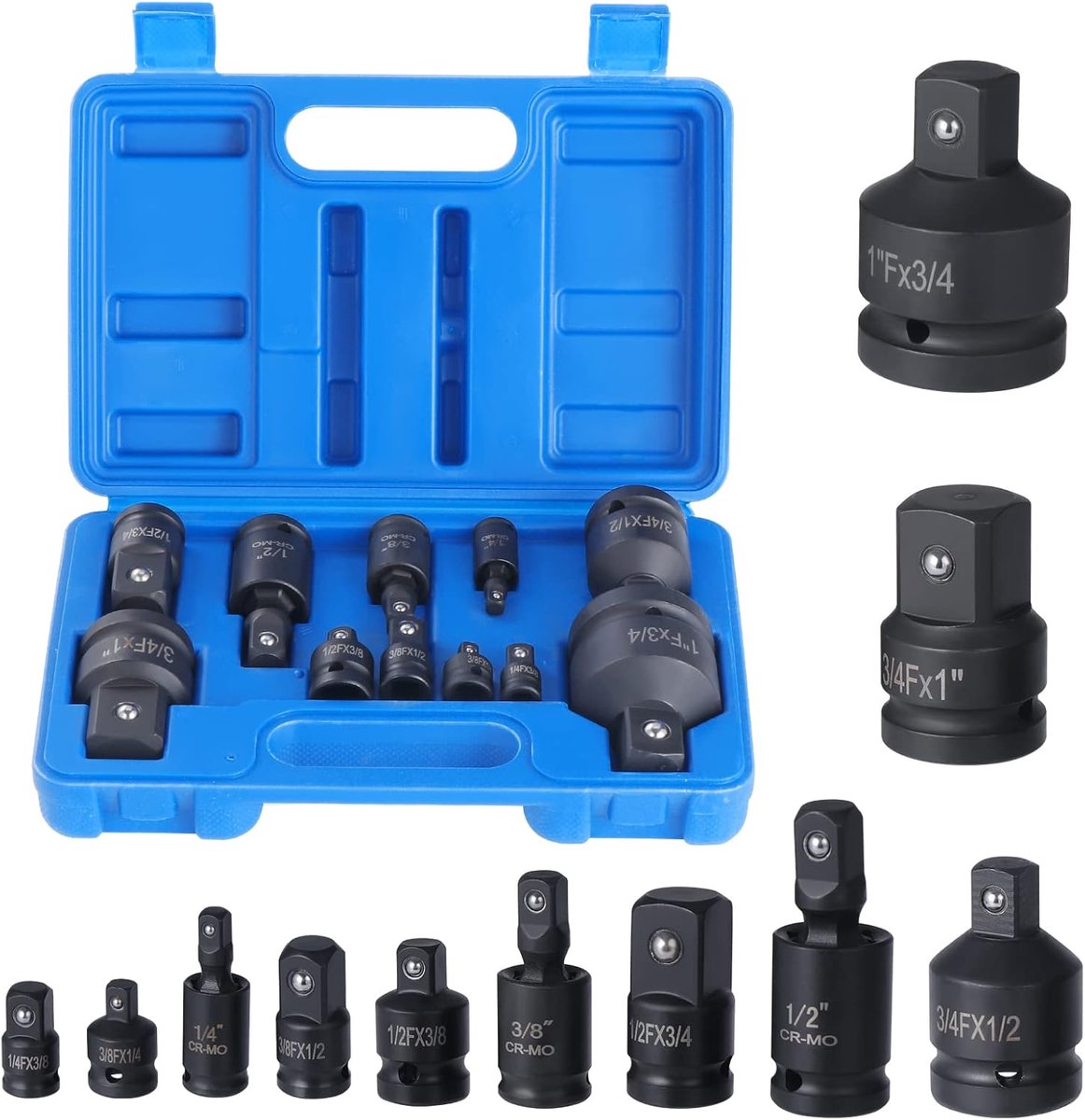 11-delig Impact Socket Adapter en Reducer Set, Universele Gewricht Draaibare Sleeve Adapter Kit, Reducer Converter Adapter Set, 1/4" 3/8" 1/2" 3/4" Drive Socket Adapter Set met een Duurzame