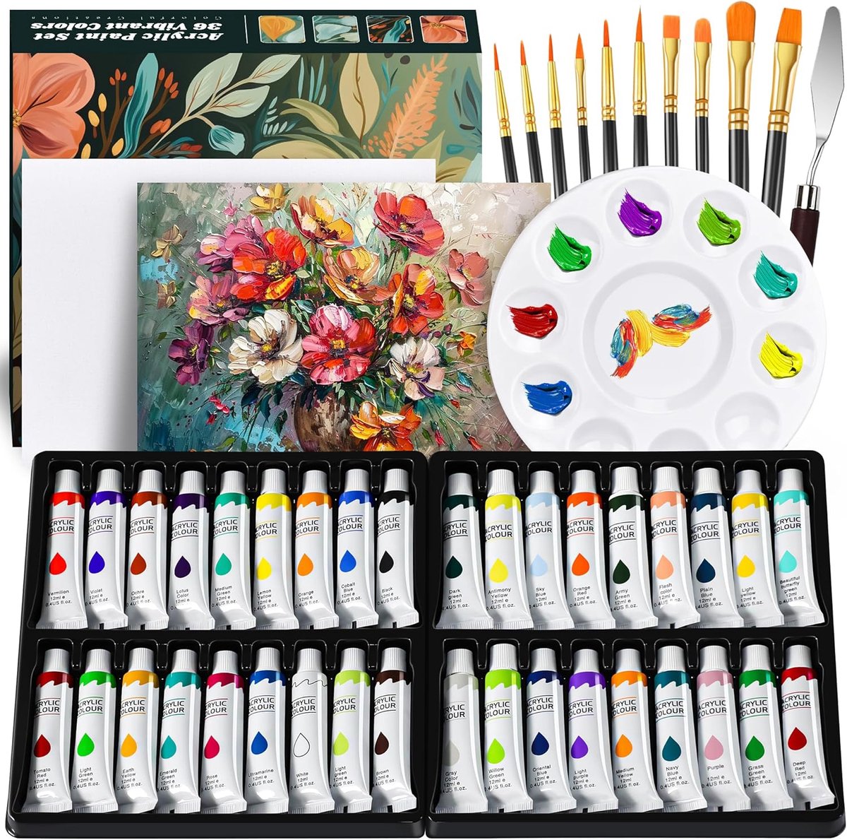 Verf set, kunst schilderij kit voor volwassenen en kinderen | Inclusief borstels, palet en canvasborden; 12 ml acrylverf voor kunstenaars en beginners op canvas, stof, steen, glas en hout