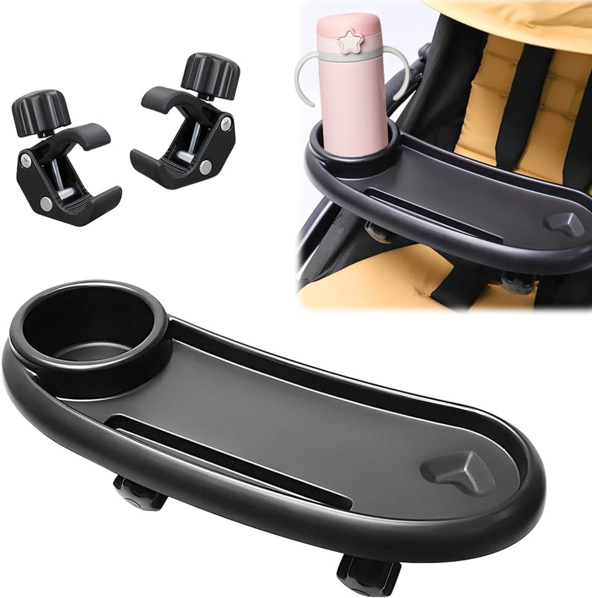 3-in-1 snackdienblad voor kinderwagen, 360 graden draaibaar, met verstelbare clip, bekerhouder, pushchair snack tray, universeel accessoire voor kinderwagen