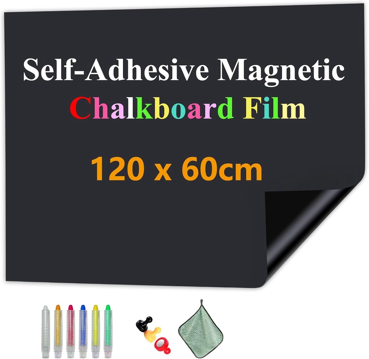Magnetische zelfklevende schoolbordfolie voor de wand 120 x 60 cm | Schoolbordsticker, geschikt voor magneten, met stofvrije krijtjes, wisser en magneten, voor school, kantoor en thuis