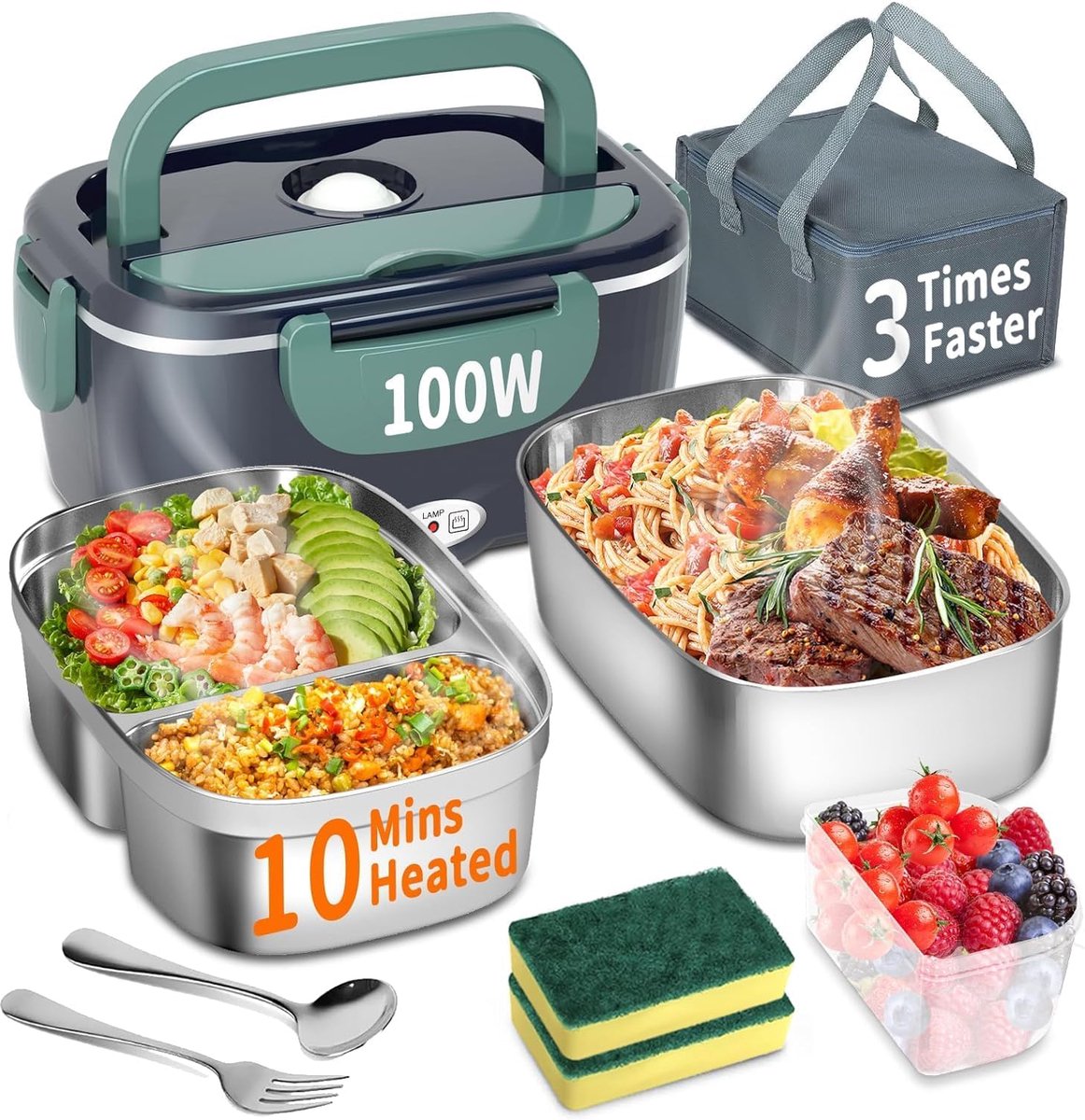 lunchbox, 100 W, 3-in-1 draagbare verwarmde lunchbox, uitneembare roestvrijstalen broodtrommel, 12 V/24 V/220 V, geïsoleerde warmtebox voor auto, vrachtwagen, kantoor, met geïsoleerde tas