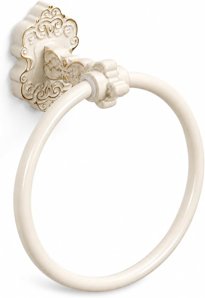Vintage stijl antieke witte en gouden badkamer handdoekring - wandmontage keuken en badkamer handdoekhouder - pak van 1 zware aluminium ophangring