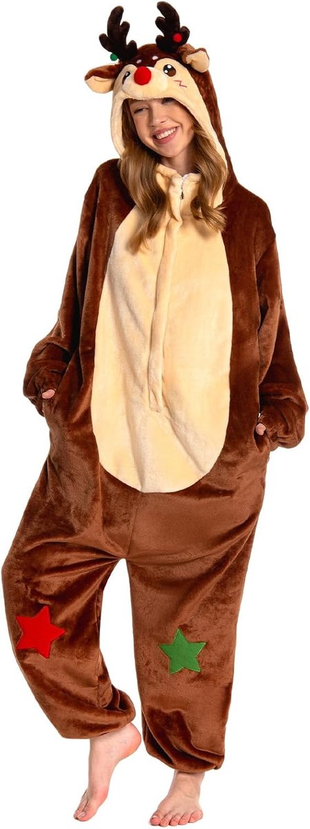 Volwassenen Onesie Kerst Rendier, Zachte Fleece Unisex Slipjas voor Carnaval, Kerst, Halloween