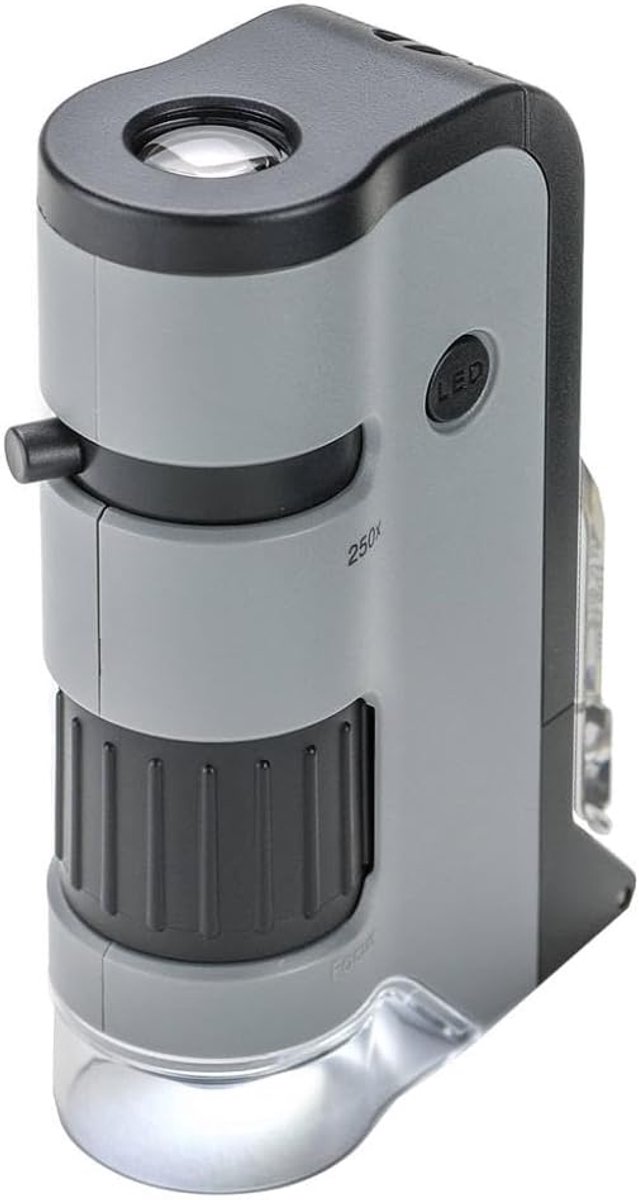 MP-250 MicroFlip 100-250x LED-verlichte zakmicroscoop met digiscoping-adapterclip voor smartphones, grijs