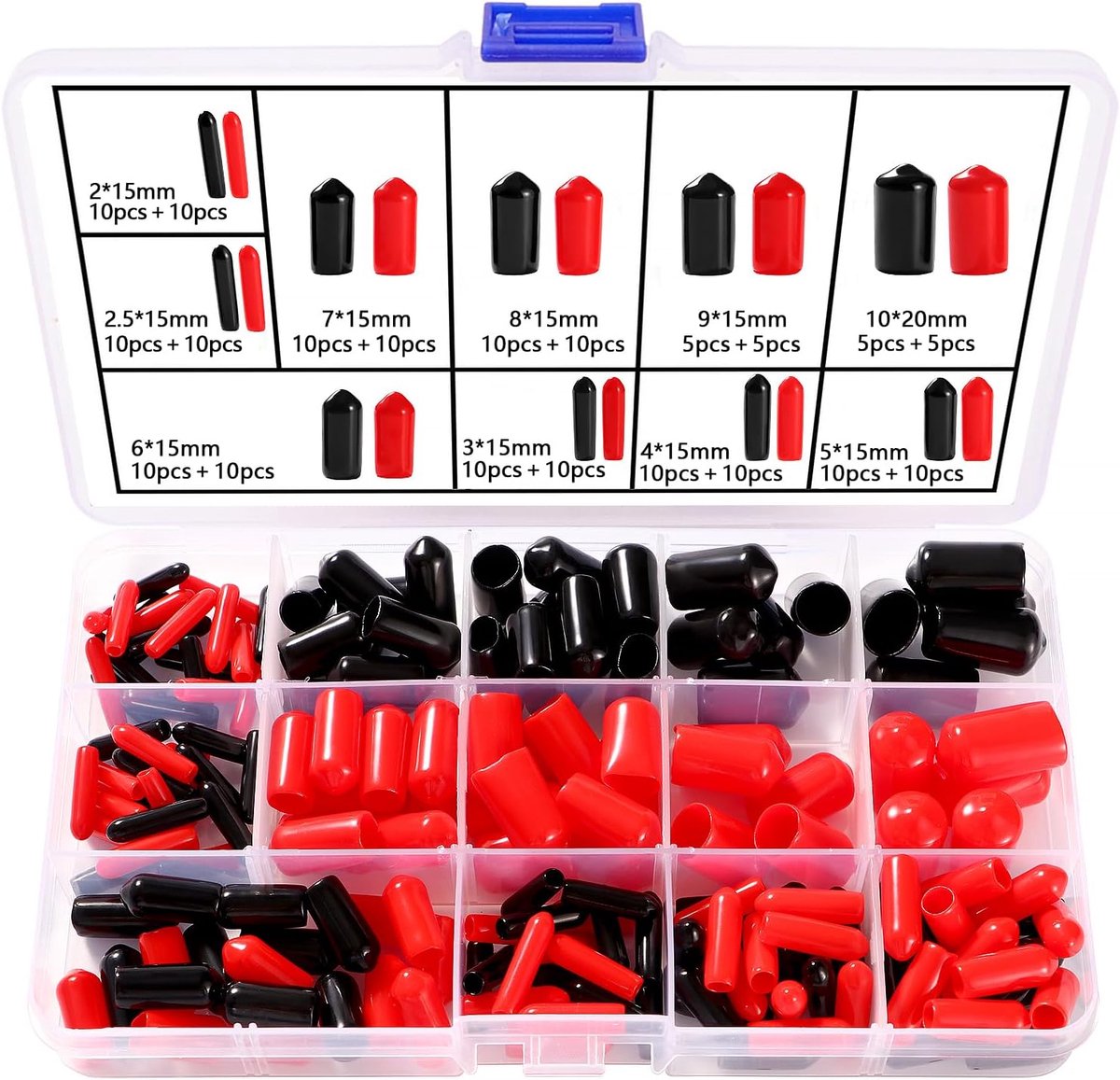 180 Stuks10 Maten 2-10 mm Rubberen Eindkappen Assortimentset, Schroefdraadbescherming Ronde Buis, Ronde Flexibele Eindkappen van Vinyl, voor Schroeven, Buizen, Kabels, Draden, Zwart en Rood