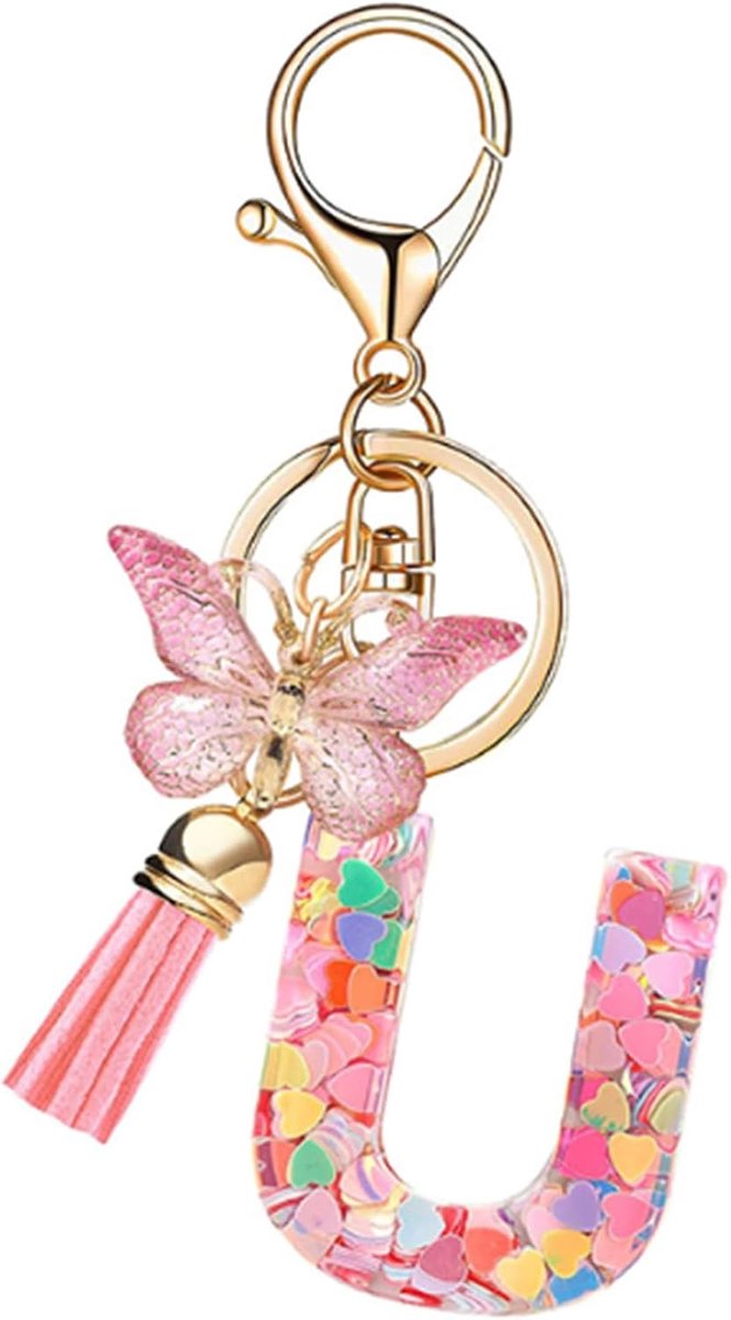 letter, vlinder glitter roze sleutelhanger, perfect cadeau autosleutelhanger voor vrouwen/kinderen