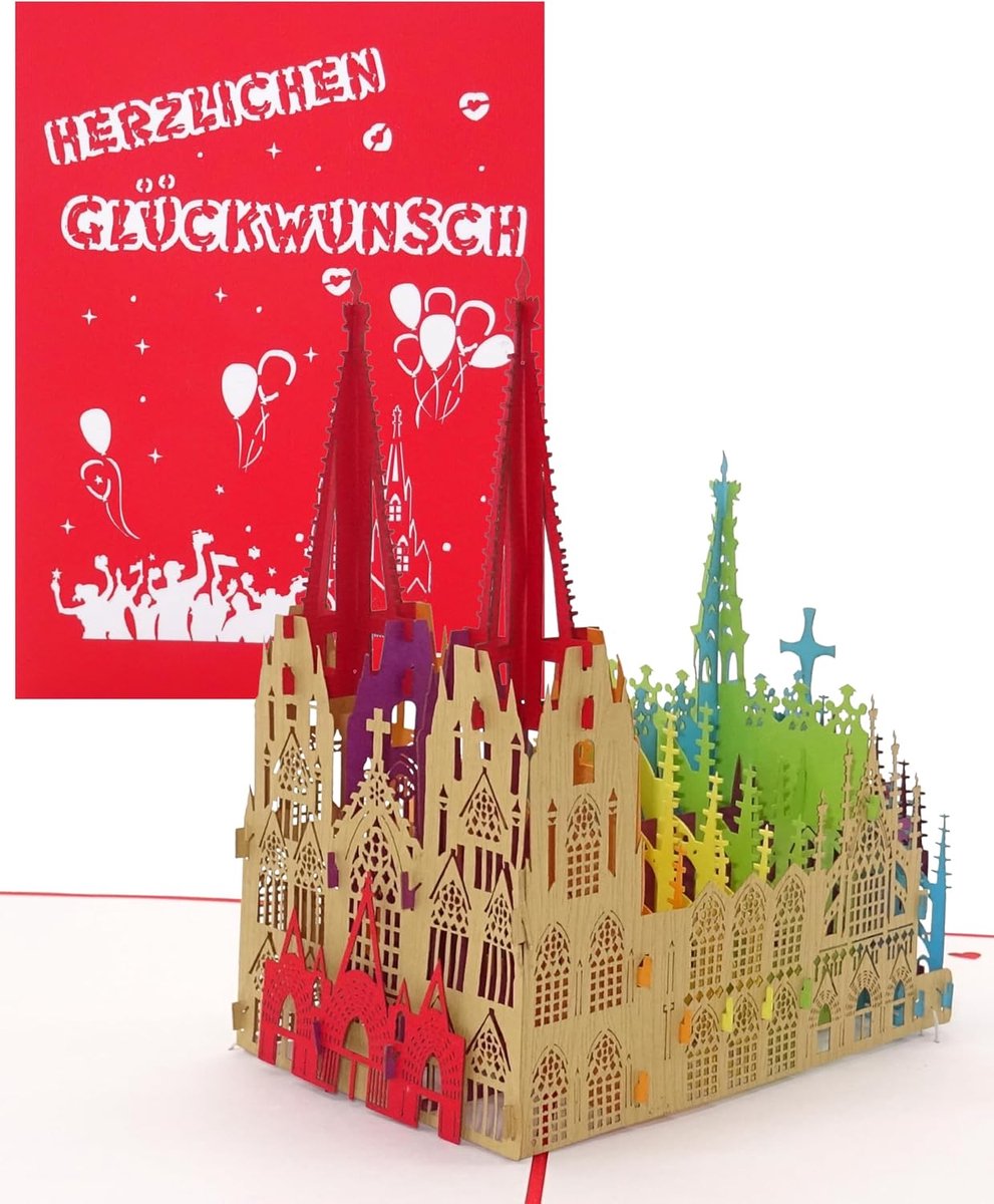 Cards Pop-Up 3D Verjaardagskaart Köln Dom - Gefeliciteerde als Souvenir, Cadeau, Fanartikel en Kleurrijke 3D Wenskaart