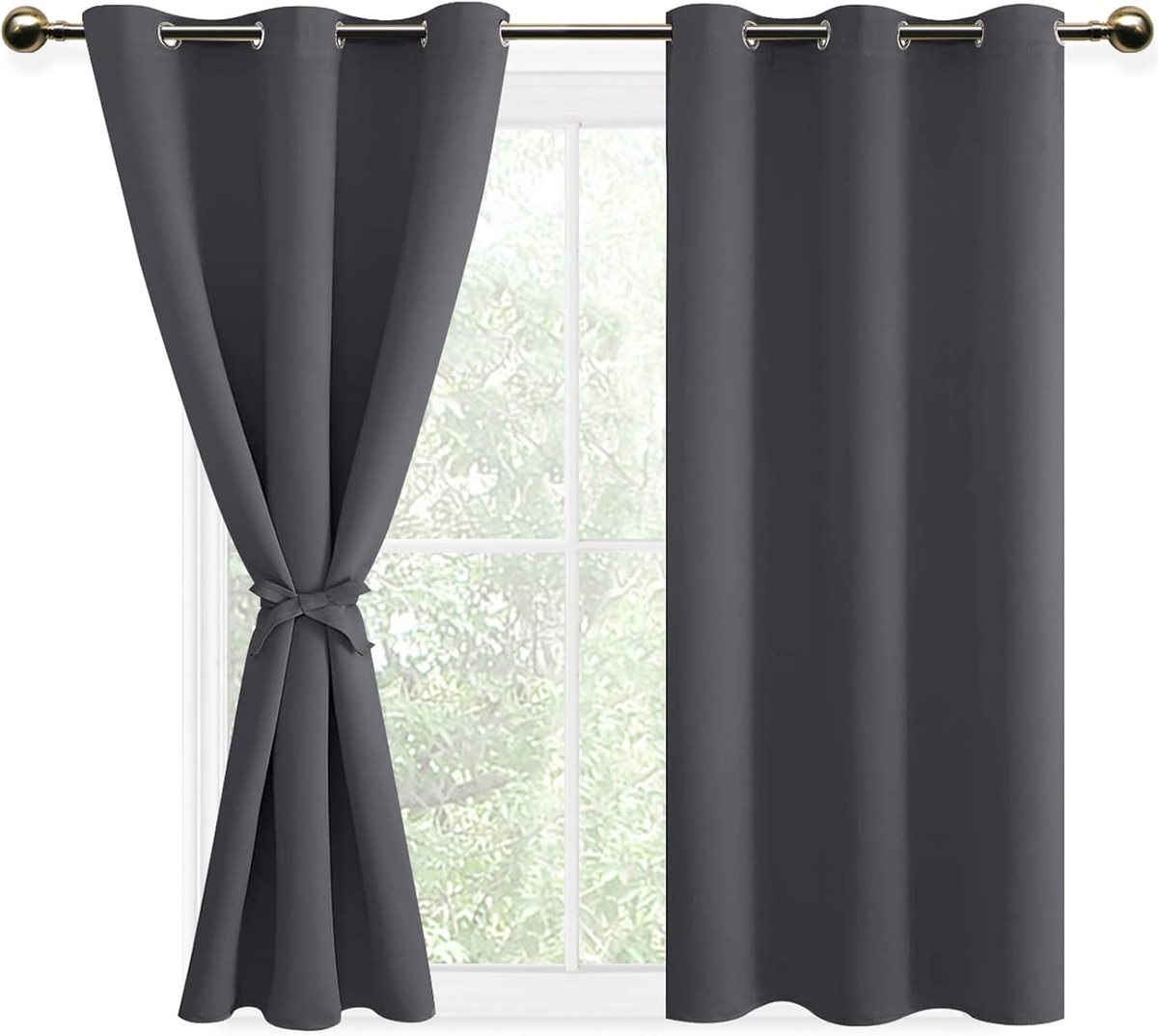2 stuks Thermische Ooggordijnen met Gordijnhouders voor Woonkamer, Ondoorzichtige Gordijnen met Ringen Kant en Klaar, 117x137 cm (B x H), Donkergrijs