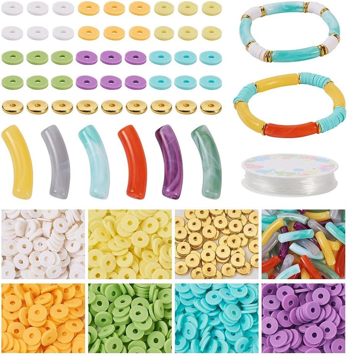 72 STKS Bamboe Buis Armband Maken Kit voor Vrouwen Vriendschap Gift Stapelen Armbanden Chunky Gebogen Acryl Kralen Klei Kralen Metalen Spacers Elastische Draad