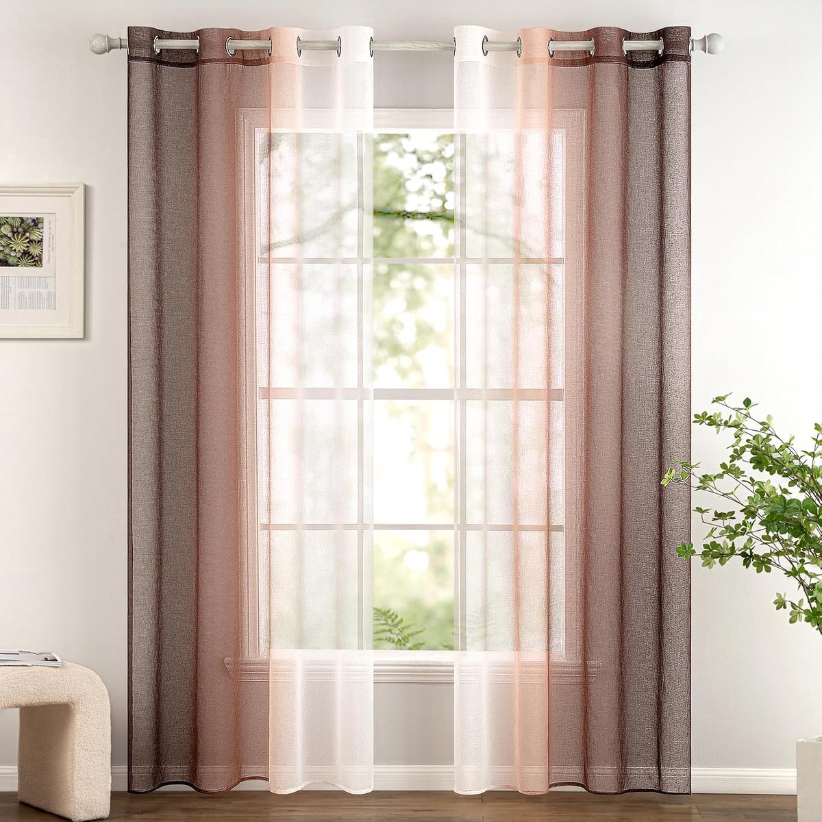 Set van 2 transparante gordijnen, Ombré gordijnen met ringen, semi-transparant, lichtgewicht, elegant, binnengordijnen voor moderne woonkamer, balkon, huis, 140x245cm, lichtbruin