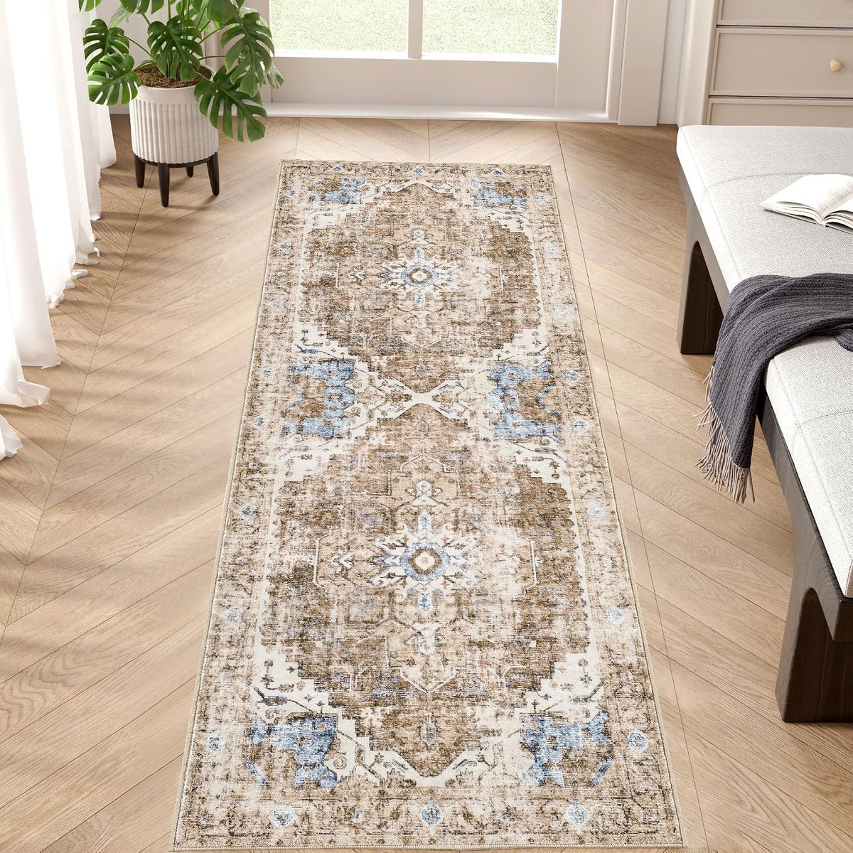 Loper, 60 x 150 cm, wasbaar, keukenloper, laagpolig, retro, baksteenmotief, bloem, oosters tapijt, antibacterieel, opvouwbaar, antislip, dun voor looppaden, slaapkamer, woonkamer, hal