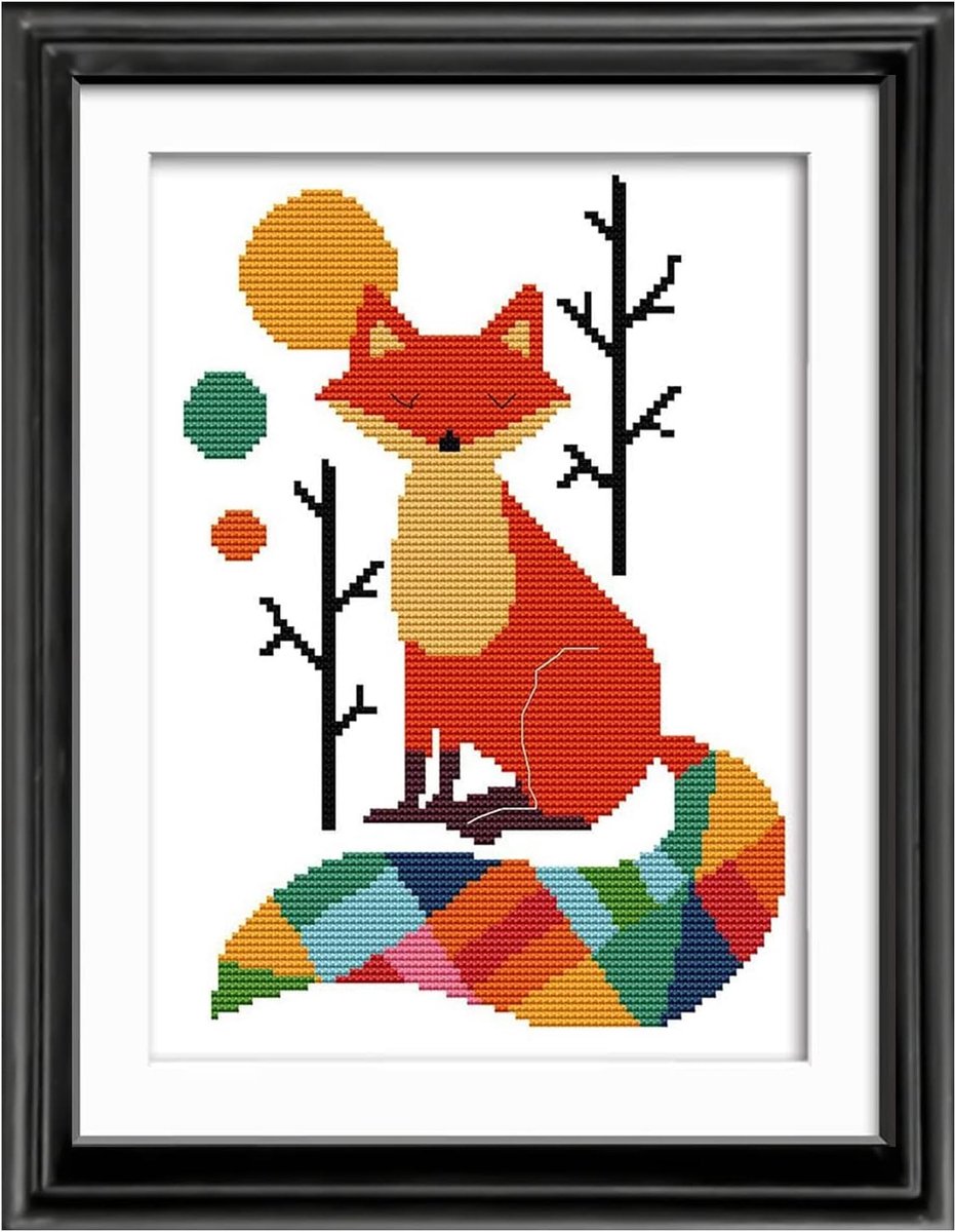 Kruissteekkits, doe-het-zelf handwerkkits 11CT gestempeld kruissteekpakket voor beginners volwassenen kinderen thuis slaapkamer decoratie, borduurpakket kleurrijke vos (28 x 38 cm)