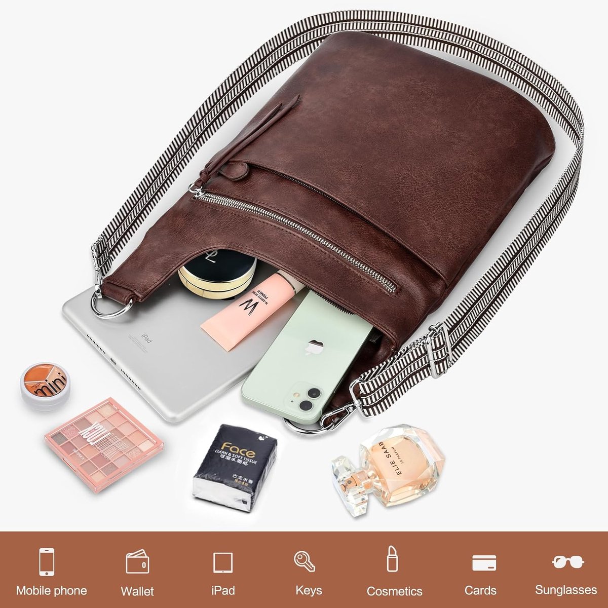 Schoudertas voor dames, middelgroot, stijlvolle PU-lederen crossbody-tas, grote handtas voor vrouwen, schoudertas met brede riem met kwastjes-ritssluiting en meerdere vakken & 4 kaarthouders