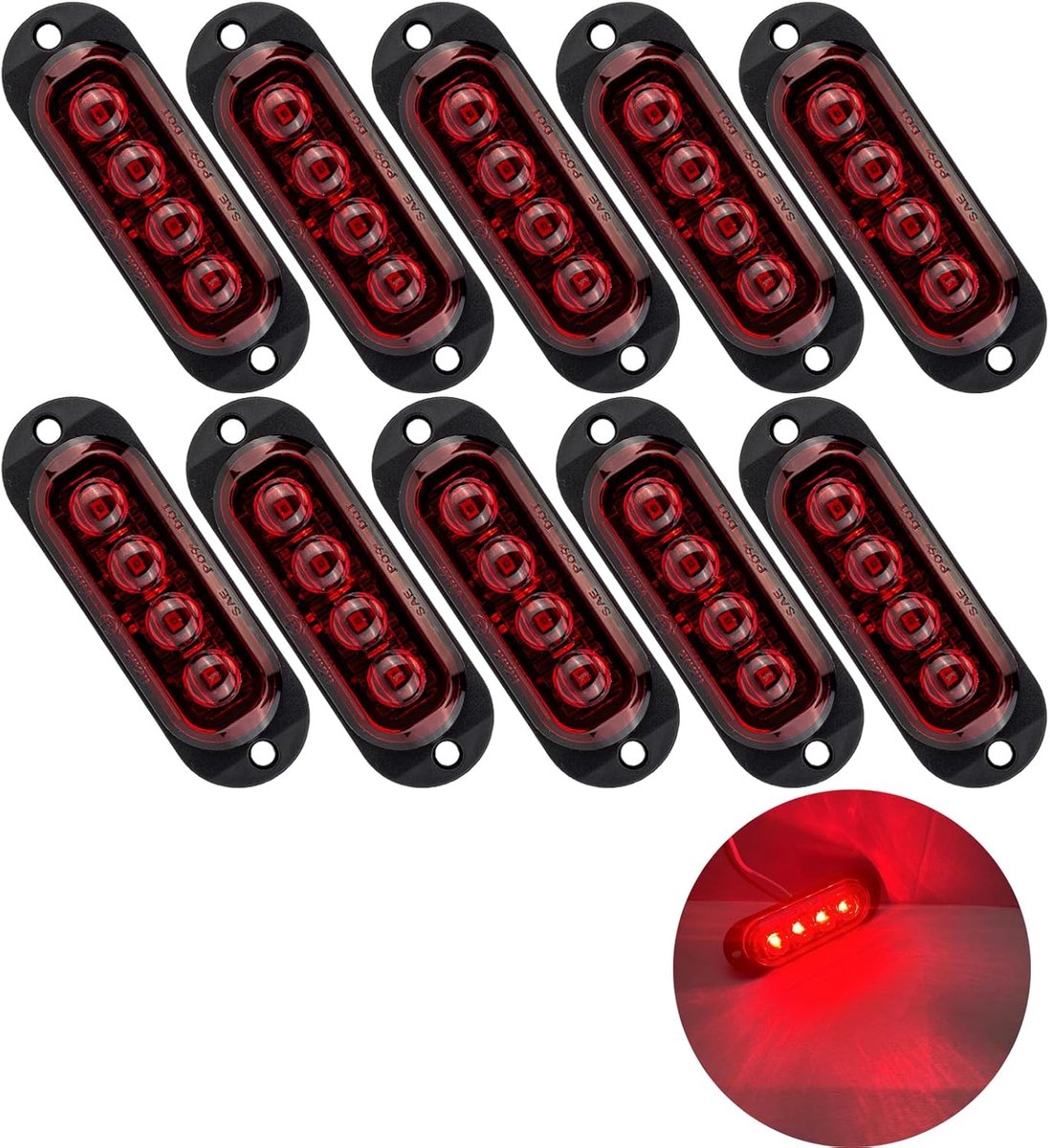 10 x 4 led-zijmarkeringslichten, 12/24 V, led-aanhanger, lamp, 3000 K, waarschuwingslicht, voor vrachtwagen, camper, caravan (Rood)