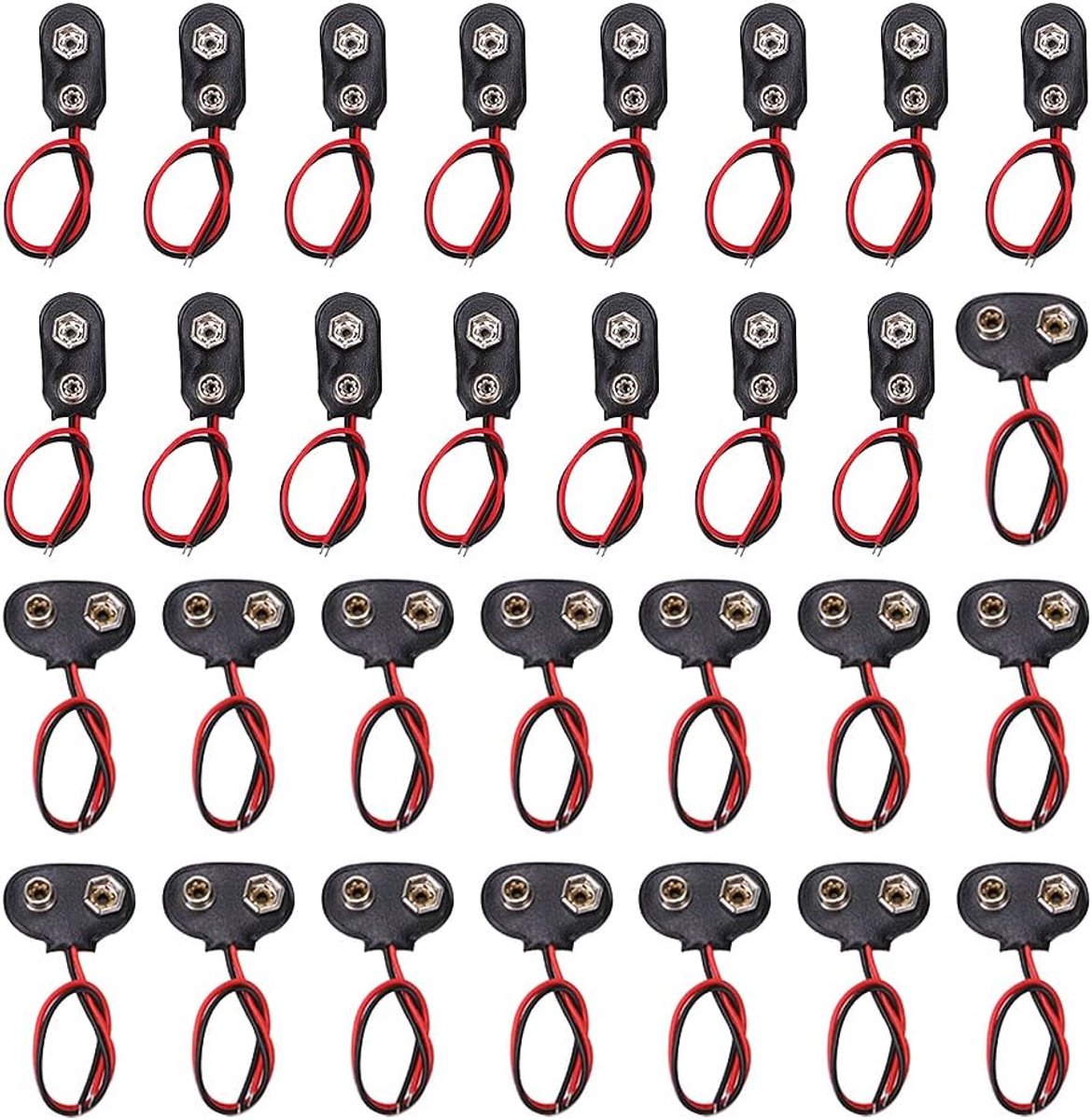 30 Stuks 9V Batterij Snap Connector, Positieve Negatieve Snap Lead Wire (15st T Type en 15st I Type), 9V Batterij Snap Connector met 10cm Flying Leads