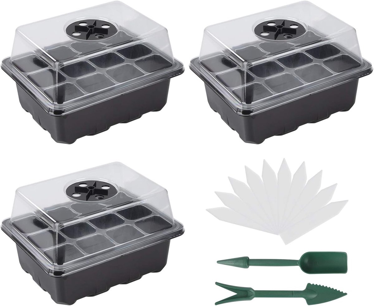 Propagator Tray, 3 Set Kiemlade met Vochtigheid Verstelbare Kas Plant Starter Grower Kwekerij Box voor Zaad Beginnen en Groeien (12 Cellen per Dienblad)