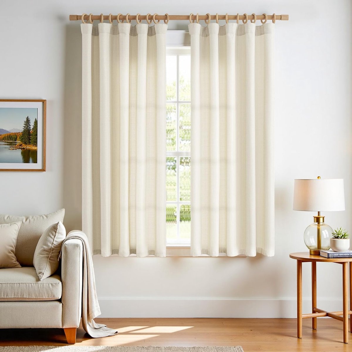 Vangao Gordijnen met plooiband, beige, set van 2 stuks, 140 x 175 H cm, gordijnen voor woonkamer, gordijnen, modern, slaapkamer, kinderkamer, linnenlook, landhuisstijl, landhuisstijl, gordijnen