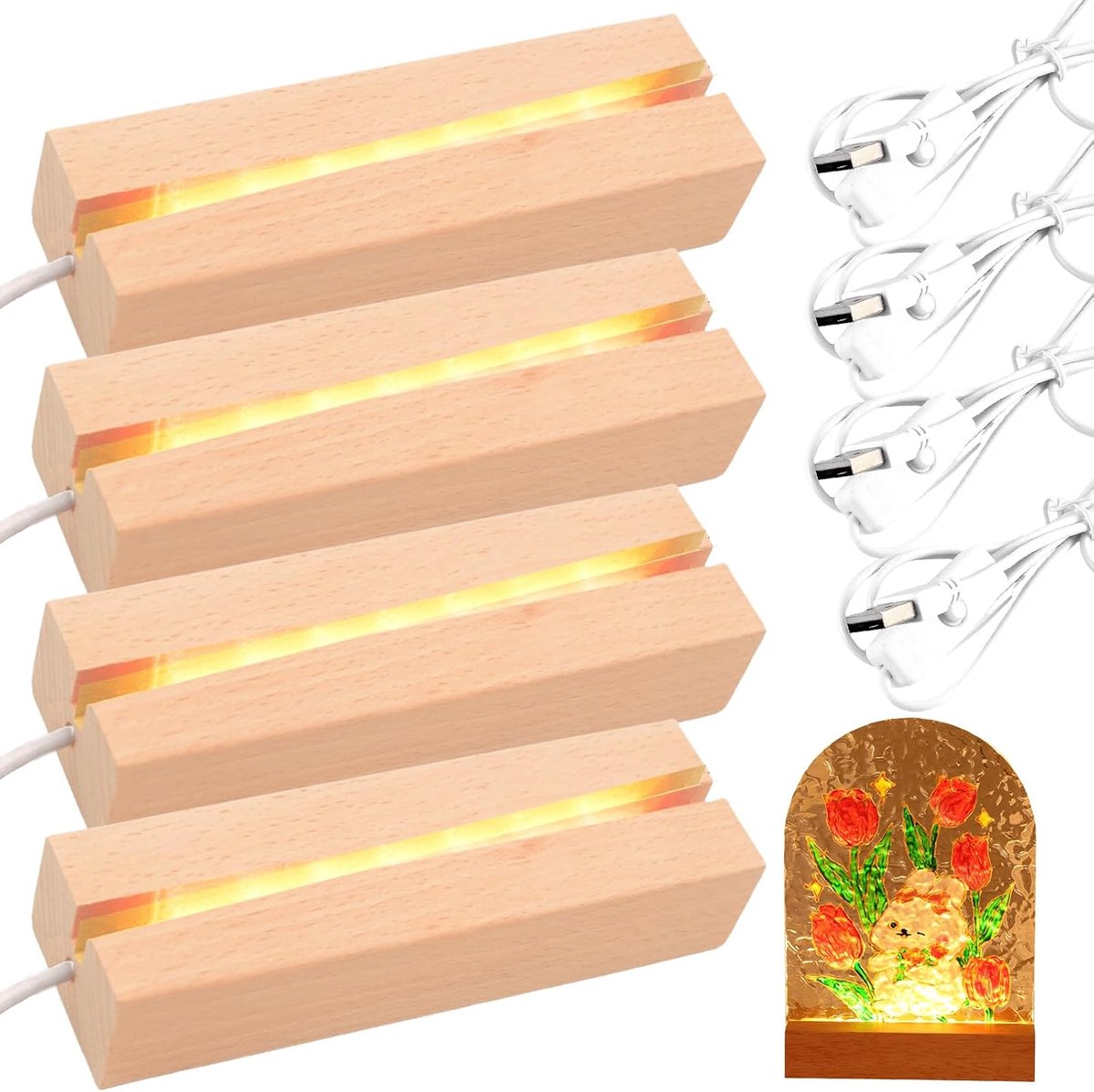 4 Stuks LED-Sokkels, Houten Standaard Met Warme Kleuren, USB-Lichtbasis, Rechthoekige Verlichte Sokkel Voor Glasblok, Kristallen, Glas, Hars, Kunstornament