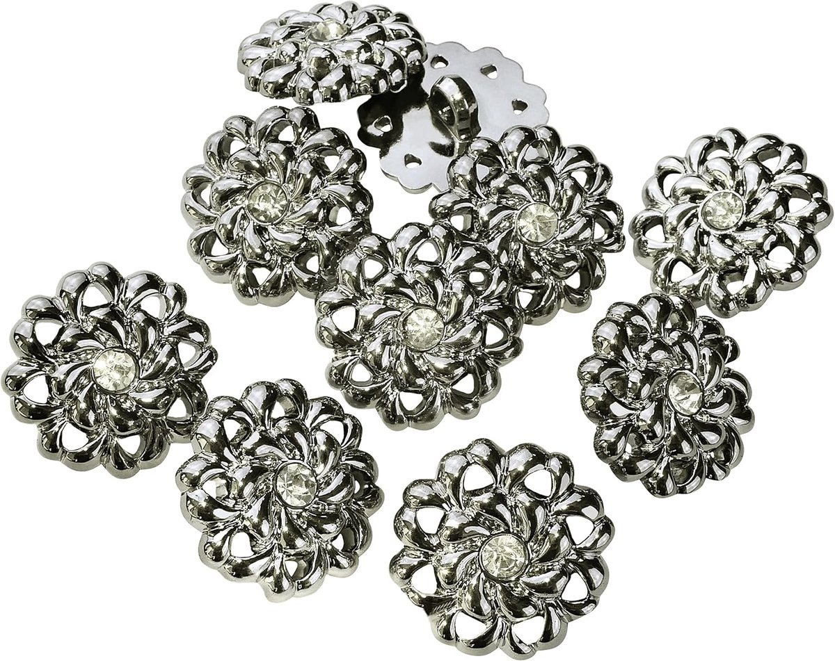 Knopen in de vorm van een bloem en kunststeen Ø25x11mm voor het naaien L40 40L - kleur donker chroom - opening 4mm - van kunststof - voor kleding korte goederen