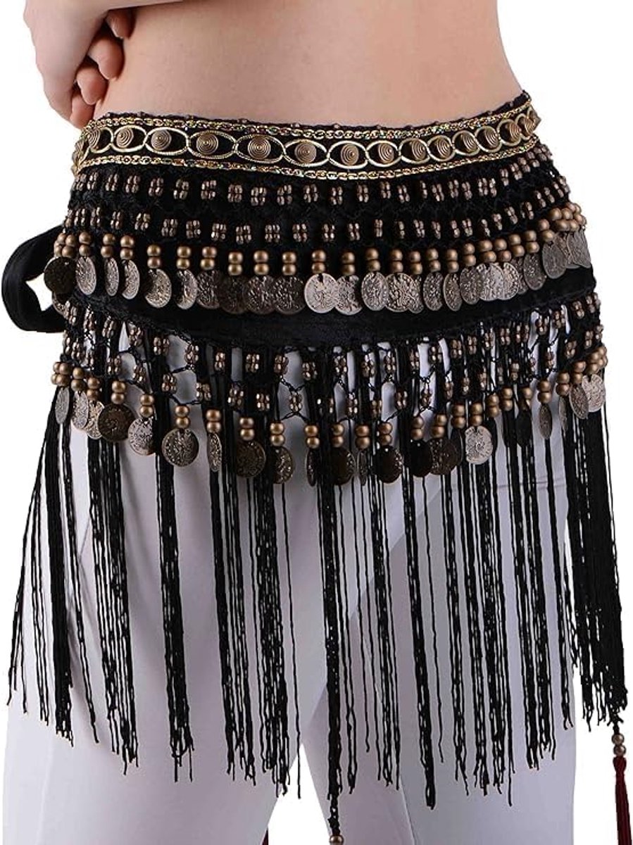 Fluwelen fluwelen heupdoek met munten, buikdanskostuum voor dames, buikdansriem, franjes, rok
