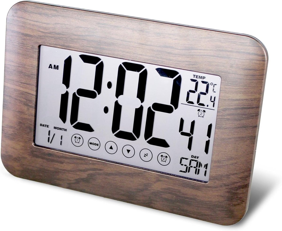 Ultraplatte radiogestuurde klok, grote cijfers (6,7 cm), aanraakbediening, wekker met sluimerfunctie, 7 talen, houtdesign
