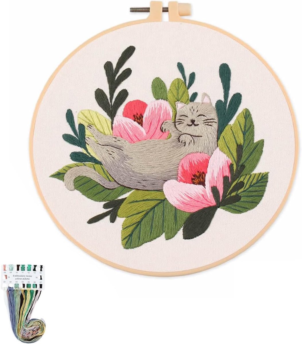 artcici Borduurpakketten Leuke Kat Bloem Patronen voor Beginners Volwassenen, Volledige Range Borduurwerk Starter Kits Kruissteek Handwerk Supplies