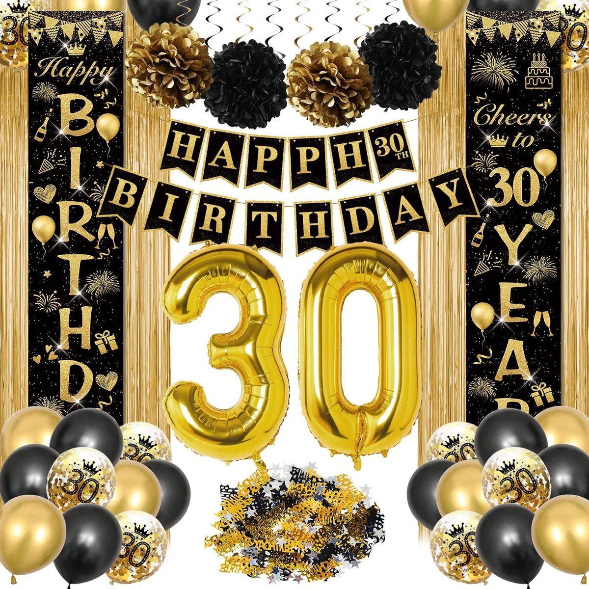 30e verjaardagsdecoratie, verjaardagsdecoratie vrouw mannen, Happy Birthday slinger, ballonnen zwart goud decoratie, Happy Birthday deurbanner, nummer 30 folieballonnen, klatergordijn
