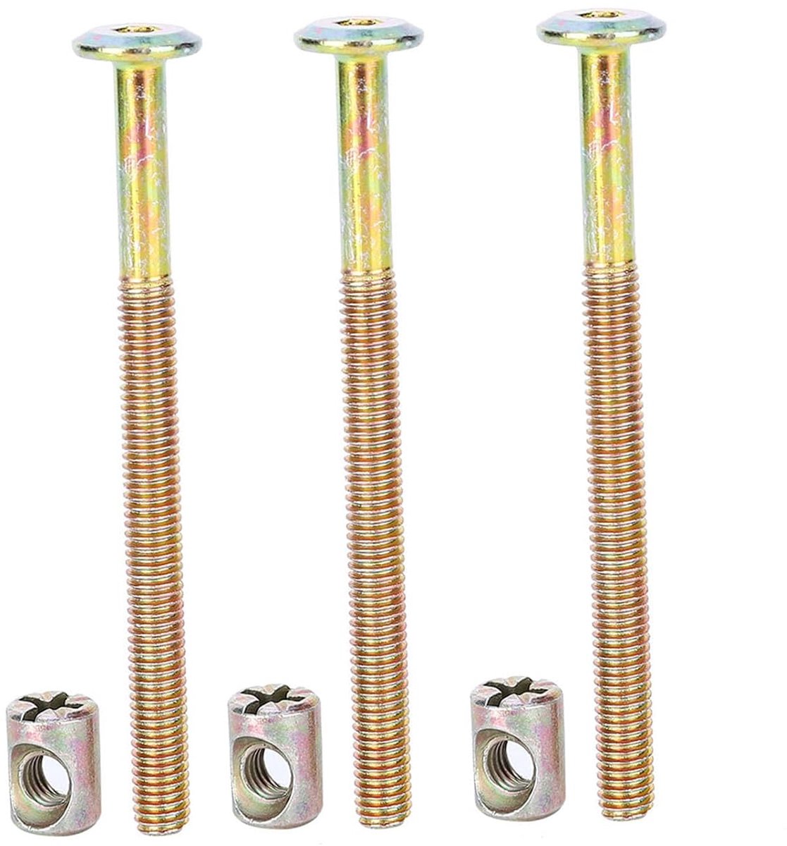 meubelschroeven 40 mm / 60 mm / 80 mm / 90 mm / 100 mm, verzinkt koolstofstaal, met cilindermoeren, deuvelmoeren, stekkerhouder, 10 stuks