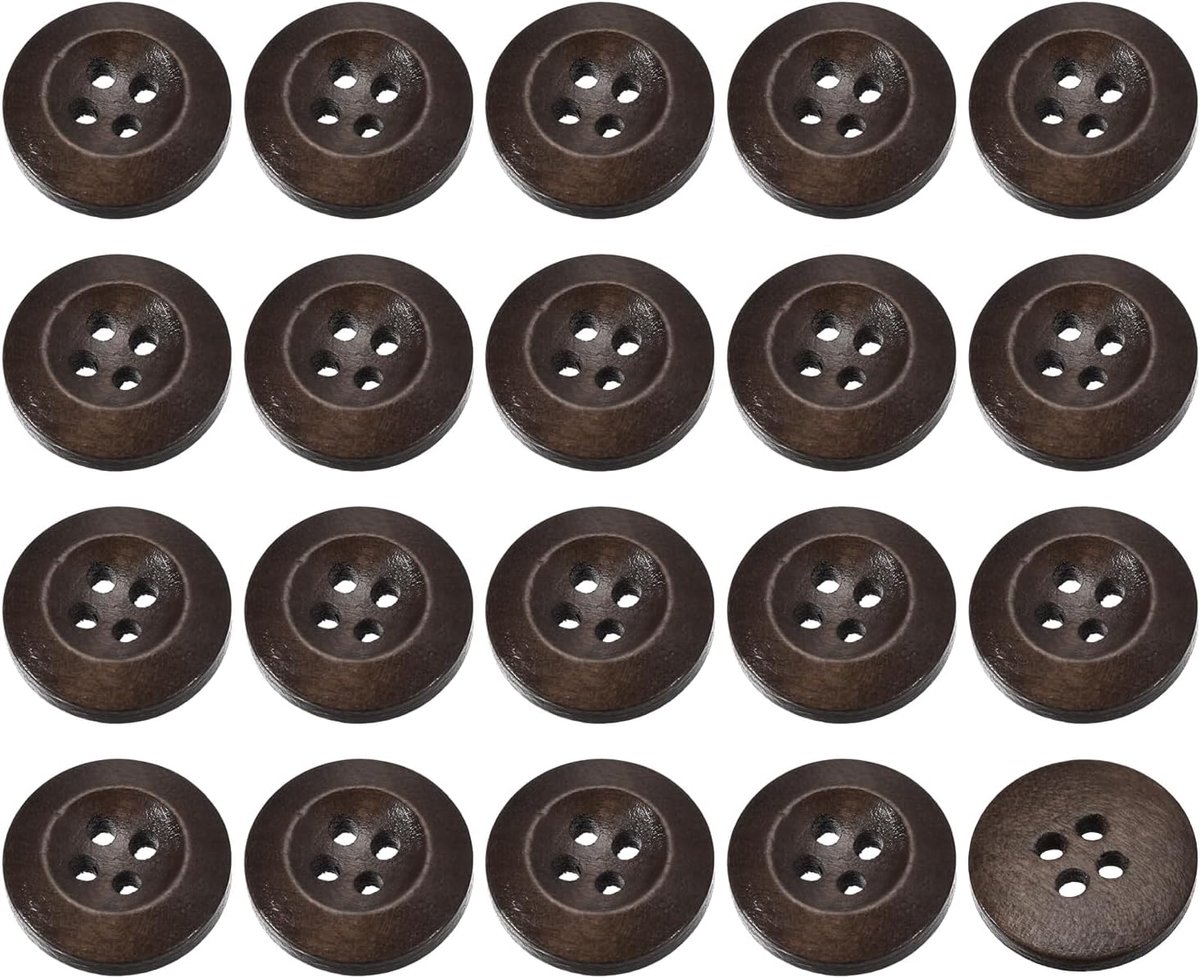 Knopen, 20 mm, ronde houten knopen met 4 gaten voor het naaien van kleding, handwerk, donkerbruin